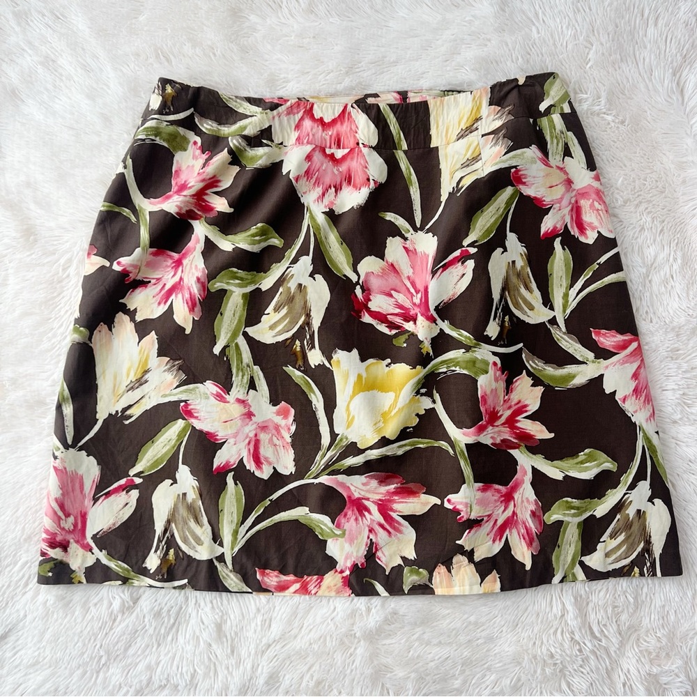 Talbots floral skirt silk blend brown pink and yellow large floral print Sz 24W